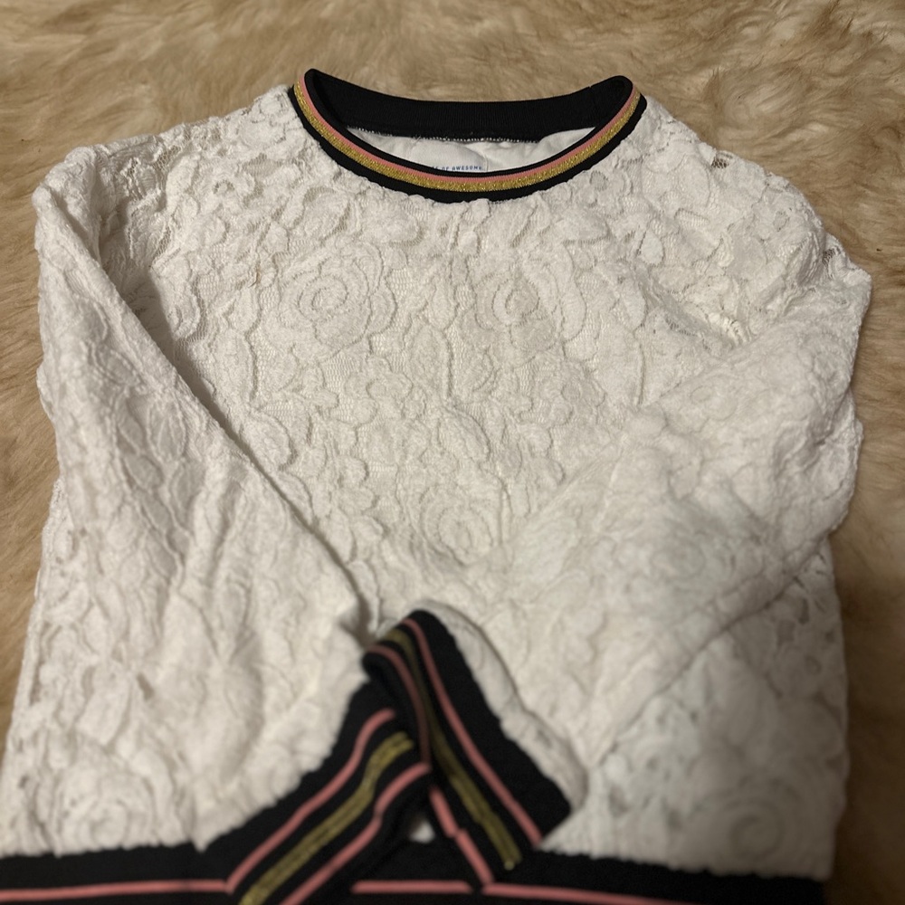 Rockets of Awesome White Lace Long Sleeve Sweater with Striped Trim